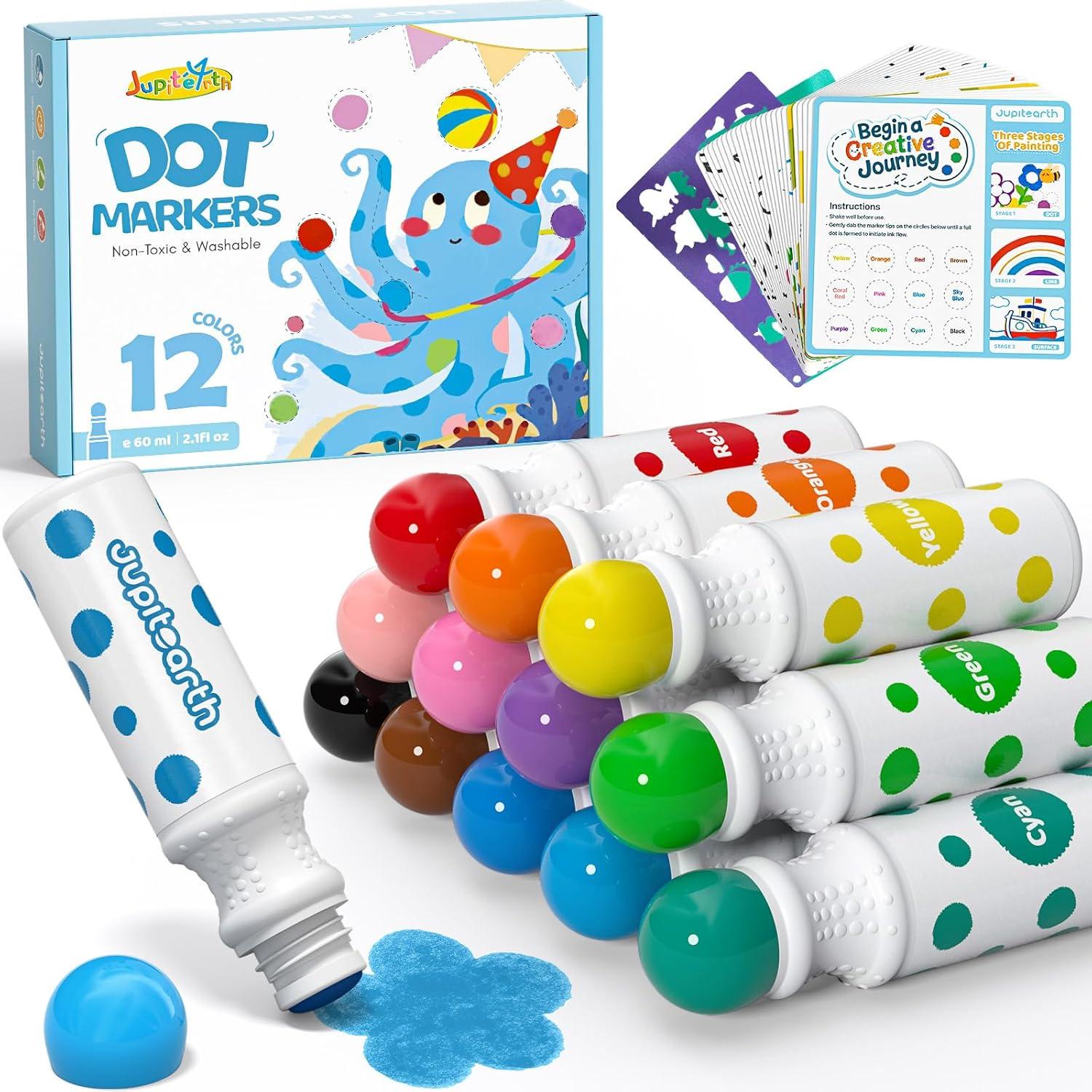 16 Color Dot Markers for Toddlers, Includes 120 PDF & 24 Printed Activity Papers, 2 Stencils, Washable Non-Toxic Bingo Daubers for Toddler Arts and Crafts, Preschool Art Supplies Gift Colorful Precision Pens Colorful Gel Pens, markers for coloring