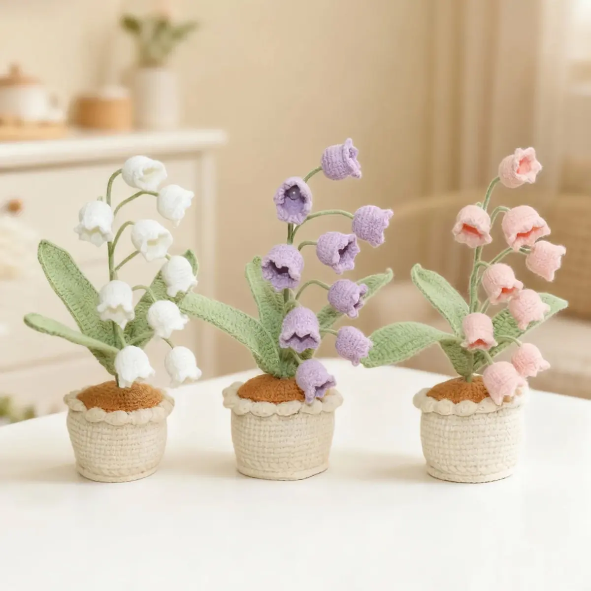 Handmade Crochet Purple Lily of The Valley Potted Flower, Knitted Artificial Potted Plant, Mini Desk Ornament, Forever Flower Gift for Her, Home Table Decor