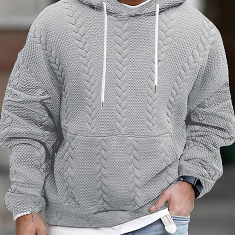 Men's Solid Textured Drawstring Hoodie, Casual Loose Drop Shoulder Long Sleeve Hooded Sweatshirt for Fall & Winter, Men's Clothes for Daily Wear