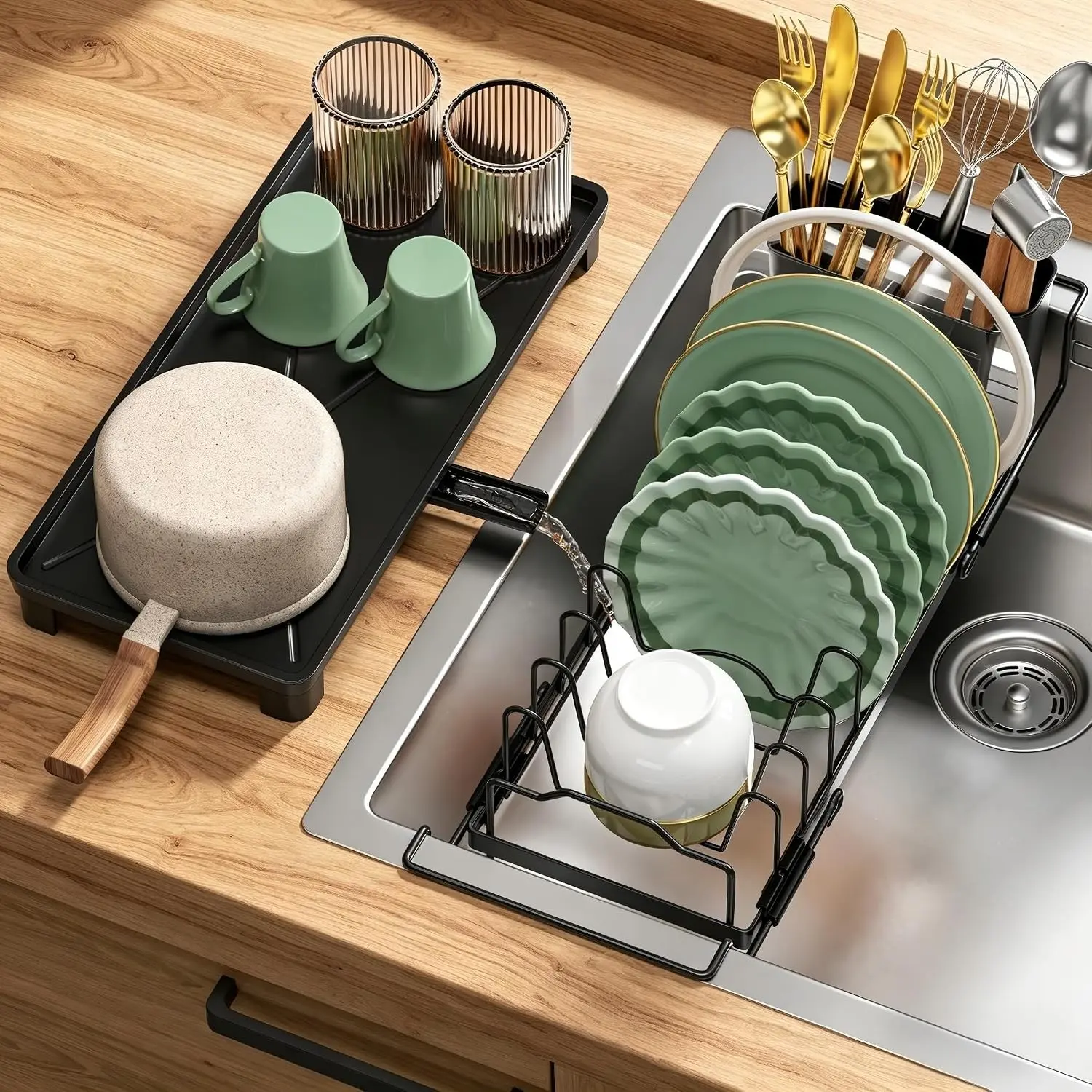 Small Dish Drying Rack - Expandable Sink Dish Drying Rack Over Sinks with Drying Tray, Dish Drainer for Kitchen Counter with Adjustable Cutlery Holder, Space-Saving for Small Kitchens, Black