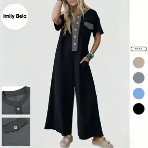 Imily Bela Womens Casual Loose Jumpsuits Short Sleeve V Neck Button Down One Piece Outfits Wide Leg Summer Long Pant Rompers with Pockets