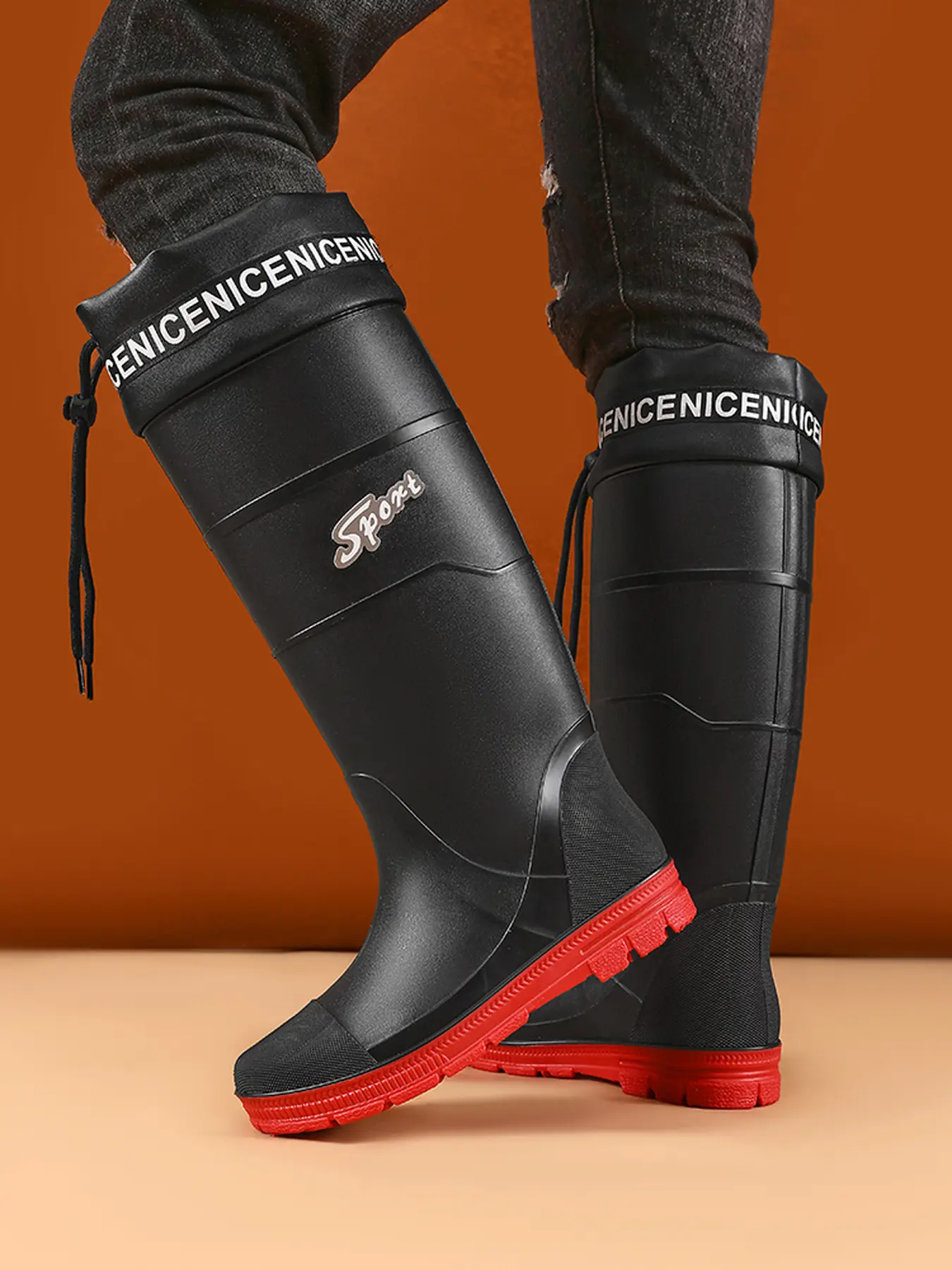 Men's Knee High Rubber Rain Boots, Waterproof Non-Slip Tall Rain Boot with Drawstring Top, Work Fishing Gardening Mud Boots for Men, Footwear