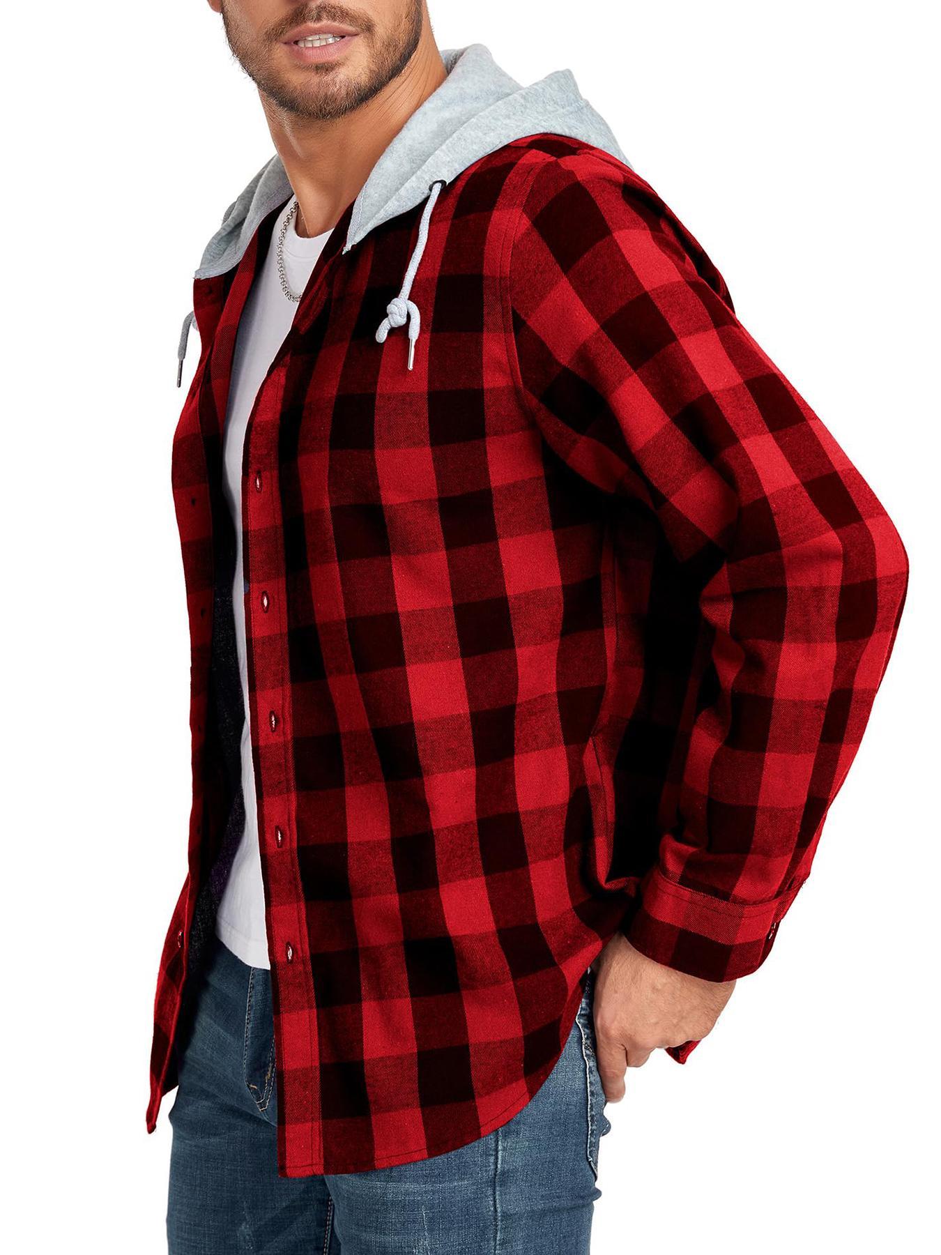 [Plus Size] Plaid Gingham Checkered Patchwork Button Front Hooded Jacket, Casual Streetwear Regular Fit Long Sleeve Drawstring Pocket Outerwear for Fall & Winter, Men's Clothes for Daily Wear Checked Fitted
