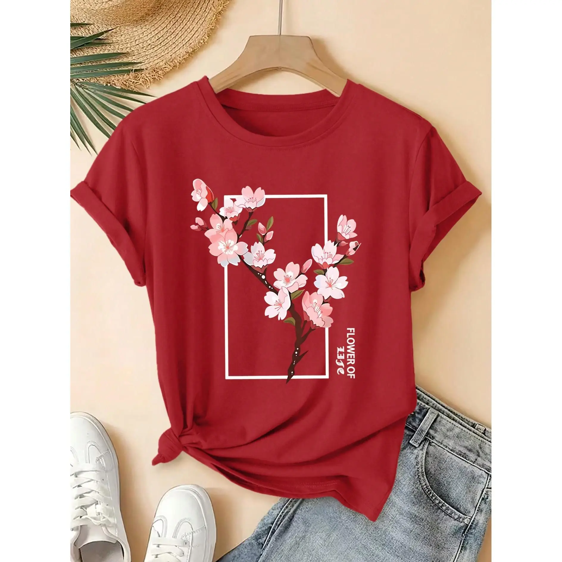 2026 Spring/Summer New Women's Round Neck Short Sleeve T-Shirt With Spring Cherry Blossom Branch Art Print, Vintage Distressed Style Casual Top, Soft Knit Fabric High-Quality Women's Clothing | Fun And Quirky Design | Suitable For Daily Wear In Spring