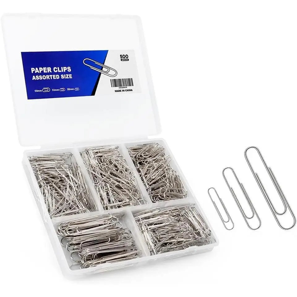 Rustproof Metal Paper Clips with Steel Core - 500 Count, Large-Medium-Small Sizes, Smooth Finish, for Office Users, Office School Document Organizing