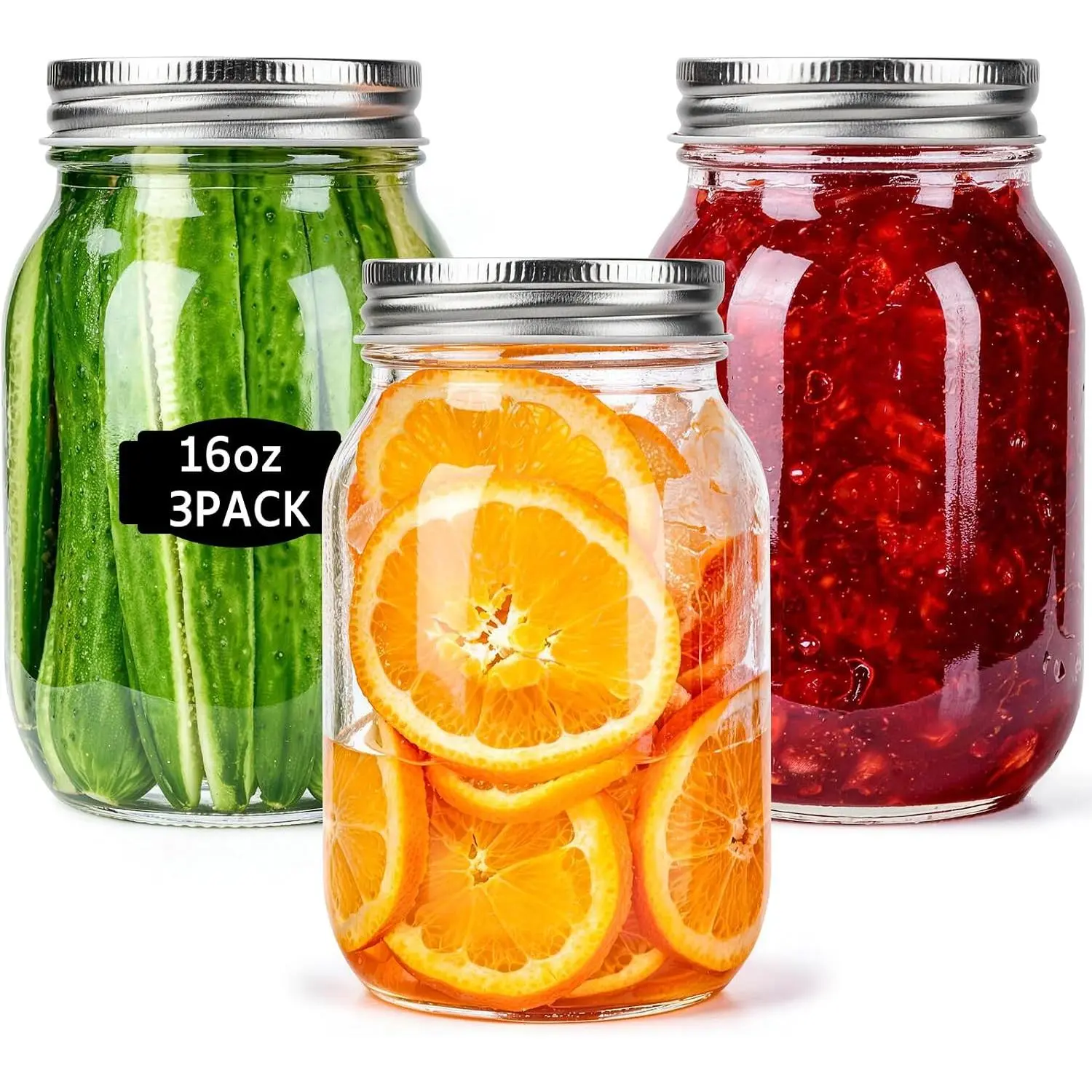 Glass Mason Jars, 3 Pack 16oz Clear Glass Regular Mouth Canning Jars with  for Sealing, Ideal for  Storage, Snacks, Candies, Jam, Honey, Wedding Favors, Shower Favors, DIY Projects