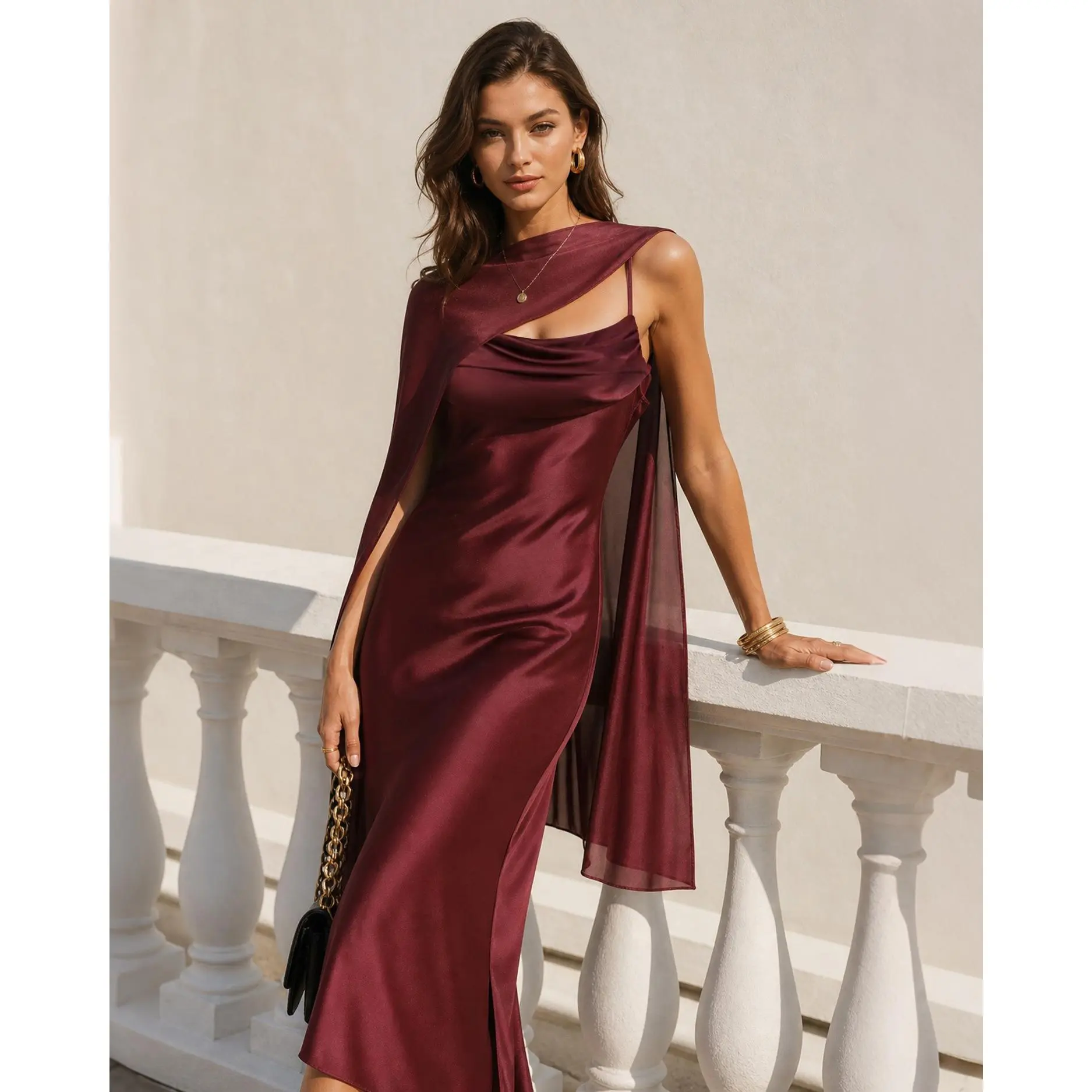 Wine Red Ruched Slip Satin Midi Dress