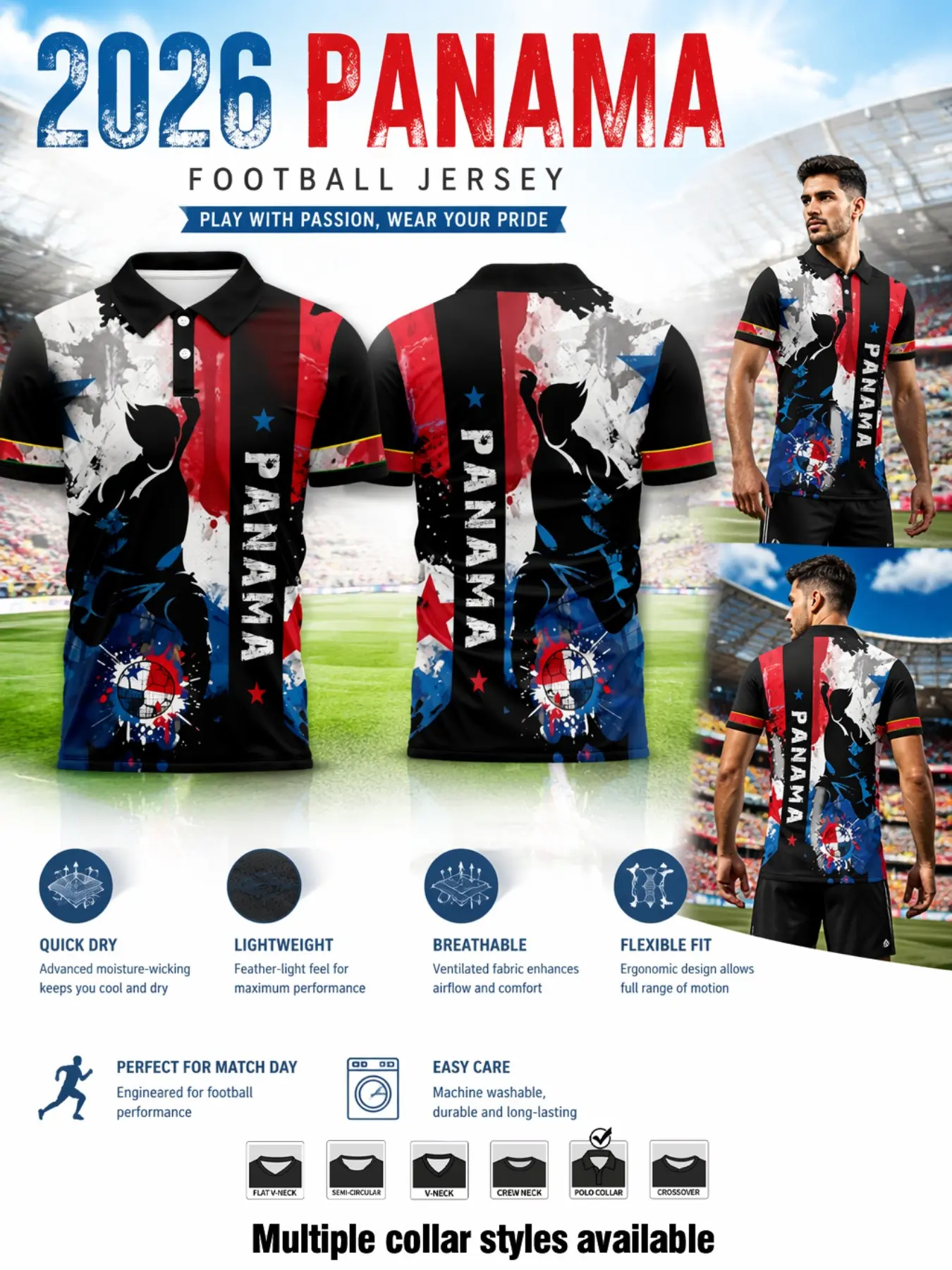 Men's Panama Short Sleeve Sport Jersey, Slim Fit, All over Print, Dynamic Player Silhouettes, Ideal for Football Matches, Fan Parties, Outdoor Activities