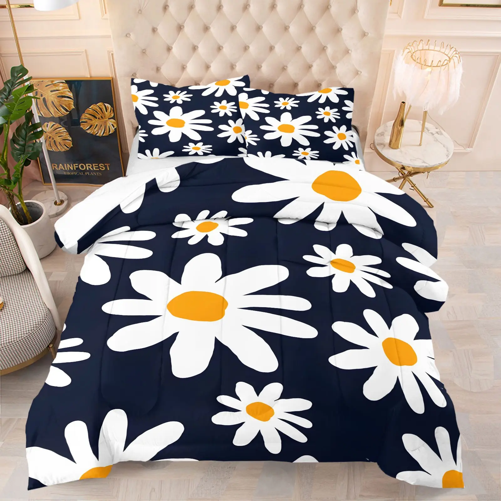2/3PCS Daisy Comforter Set with 2 Pillowcases,Navy White‑Yellow Daisies Print,Comforter Included (No Pillow Insert),for Bedroom Dorm,Back‑to‑School Gift,Multi‑Colors Available
