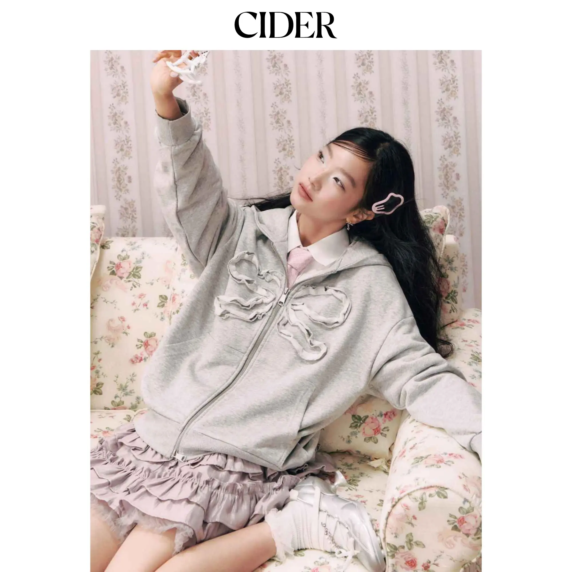 Cider Terry Lettuce Trim Bowknot Zip Through Oversized Hoodie SohoChic