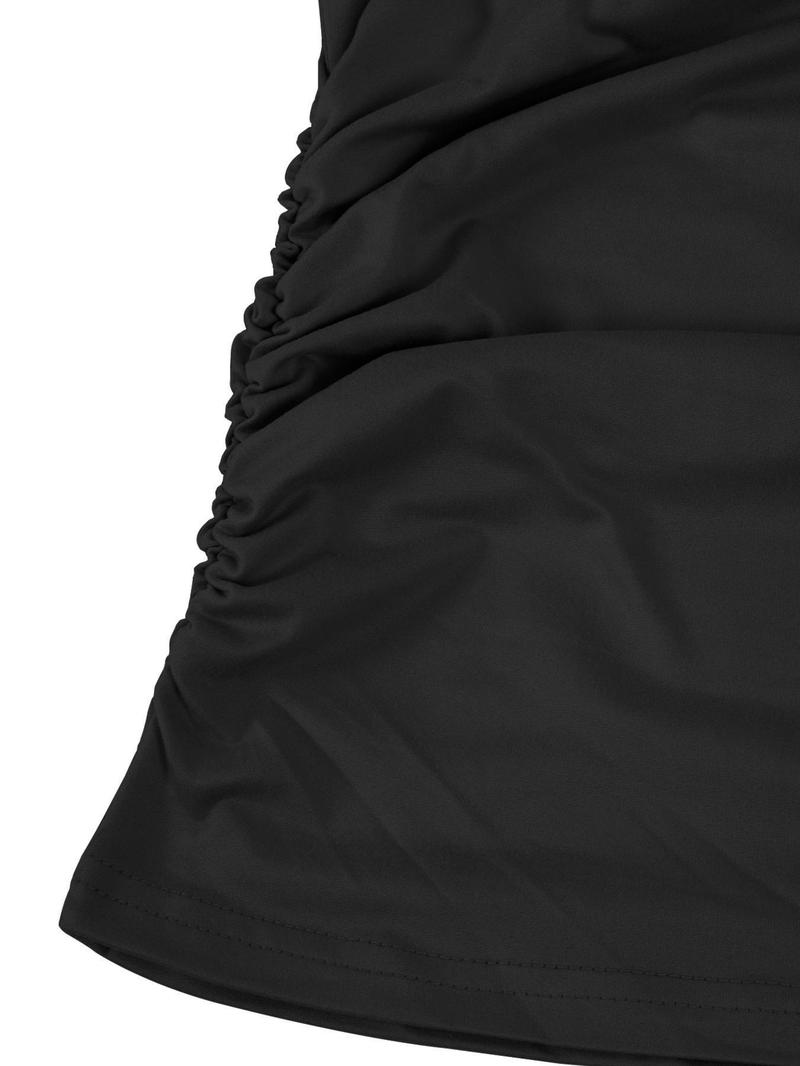 Women's Solid Ruched Drawstring Loungewear Set, Casual Long Sleeve Round Neck Top & Pocket Wide Leg Trousers, Ladies Sleepwear for All Seasons