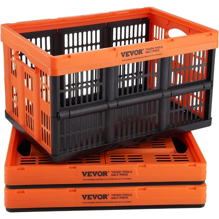 VEVOR 45L Collapsible Milk Crates 3 Packs, Stackable Storage Baskets with Handles, Folding Storage Containers for Organizing Tools, Books, Food, Drinks, Camping Transport