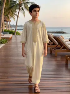 Moroccan Style V Neck Three Quarter Sleeve Boys' Kandura, Elegant Embroidery with Side Pockets, Ideal for Ramadan/eid Gifts, Ages 8-12