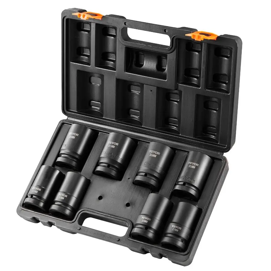SummerfindsVEVOR Impact-Grade Steel 1" Drive CR-MO Metric Deep Socket Wrench Set, 8pcs 6-Point 27-41mm Sockets with Ratchet Drive Bit Case, Ideal for Father's Day, Tools for Mechanics, Automotive Repair Solutions