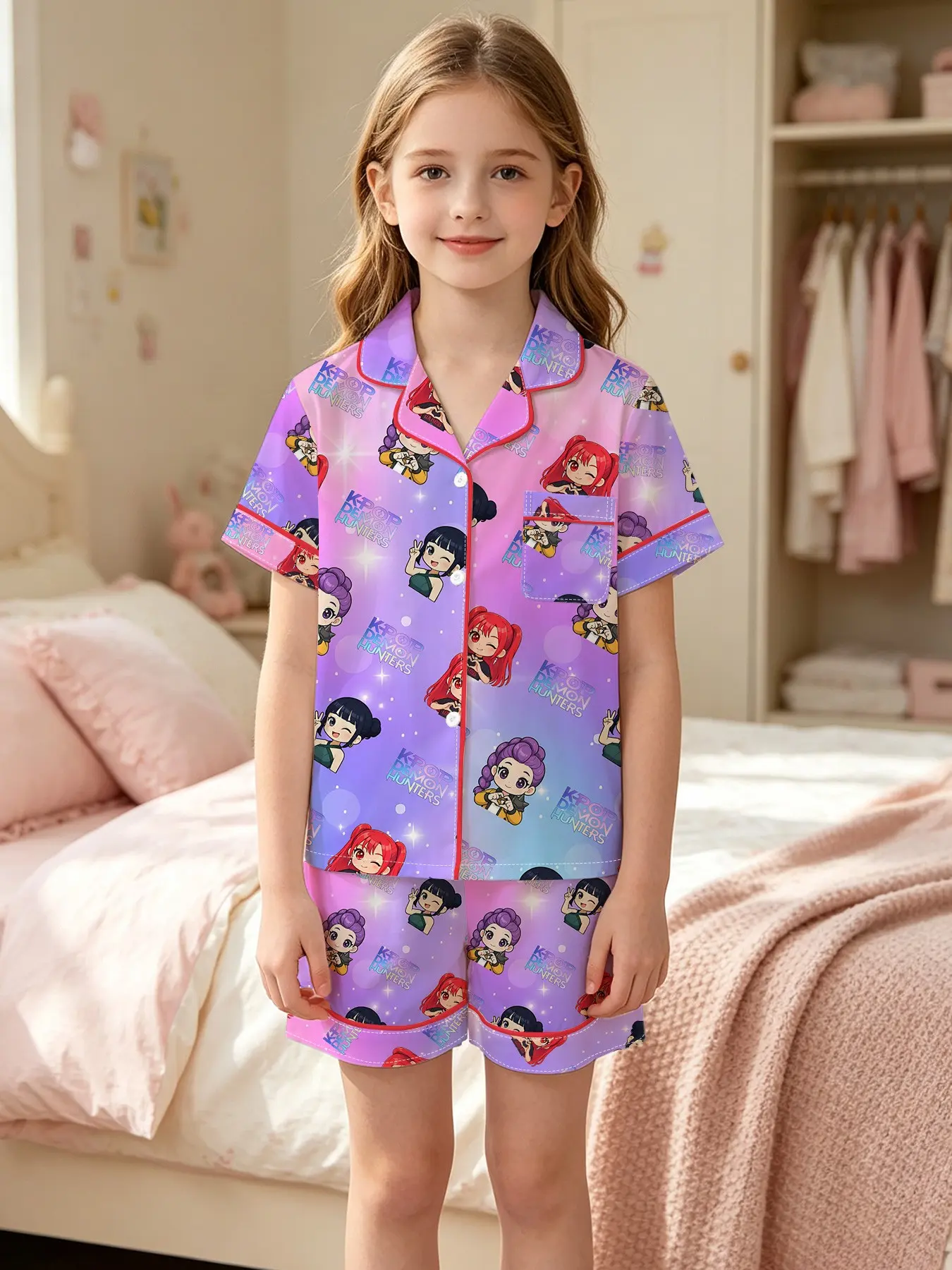 2pc Girls' Loose-Fit Pajama Set, Soft Breathable Sleepwear, Gradient Starry 3D Cartoon Print, Casual Home Wear, Perfect Gift