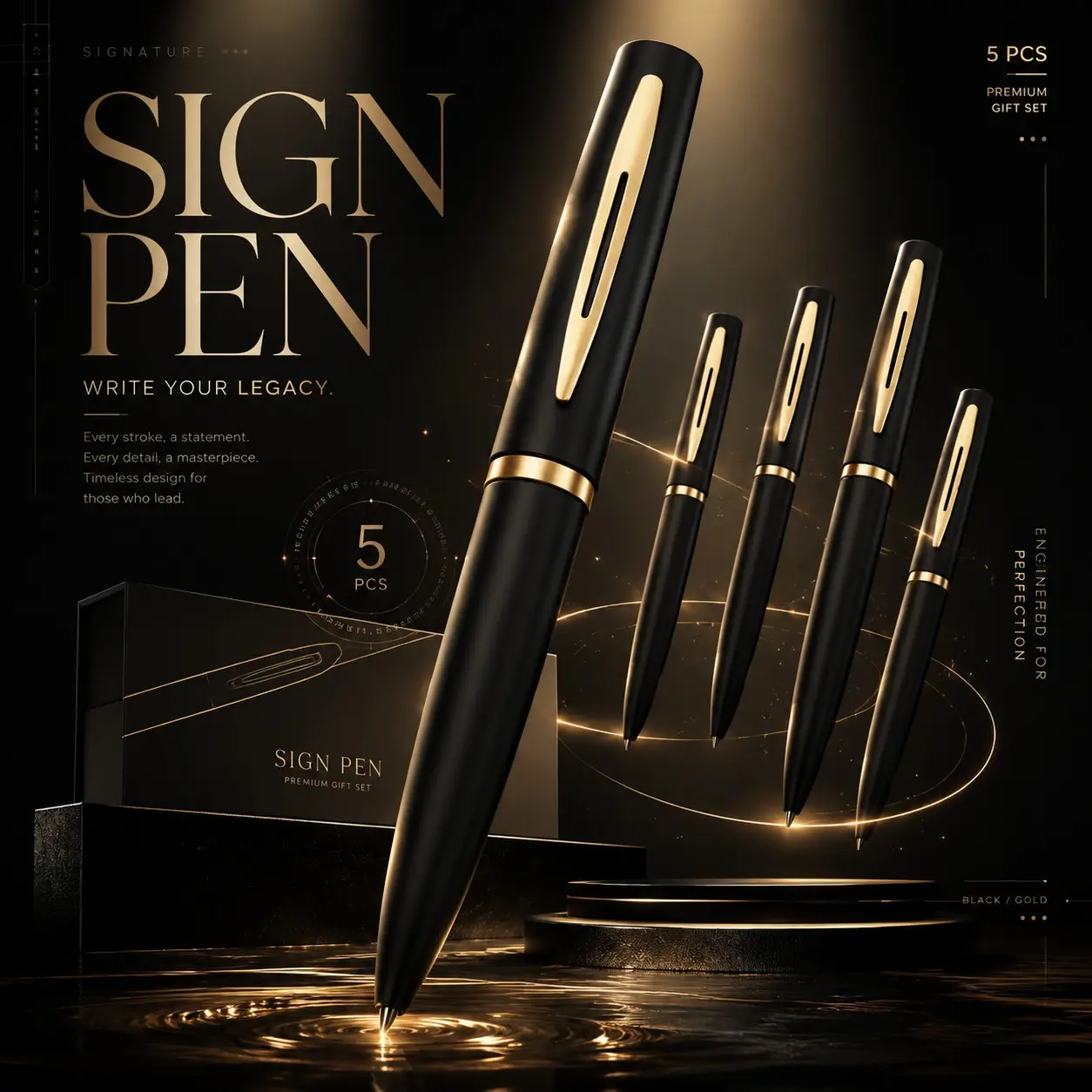 5pcs Large-capacity Black Gold Gel Pens, Elegant Student Pen, with Metal Clip, Available in 0.5mm/0.7mm, Black Ink Sign Pens, Long-lasting Ink, Smooth Writing, Comfortable Grip - School Supplies/Work Supplies/Hard-tipped Calligraphy Pens/Festiva