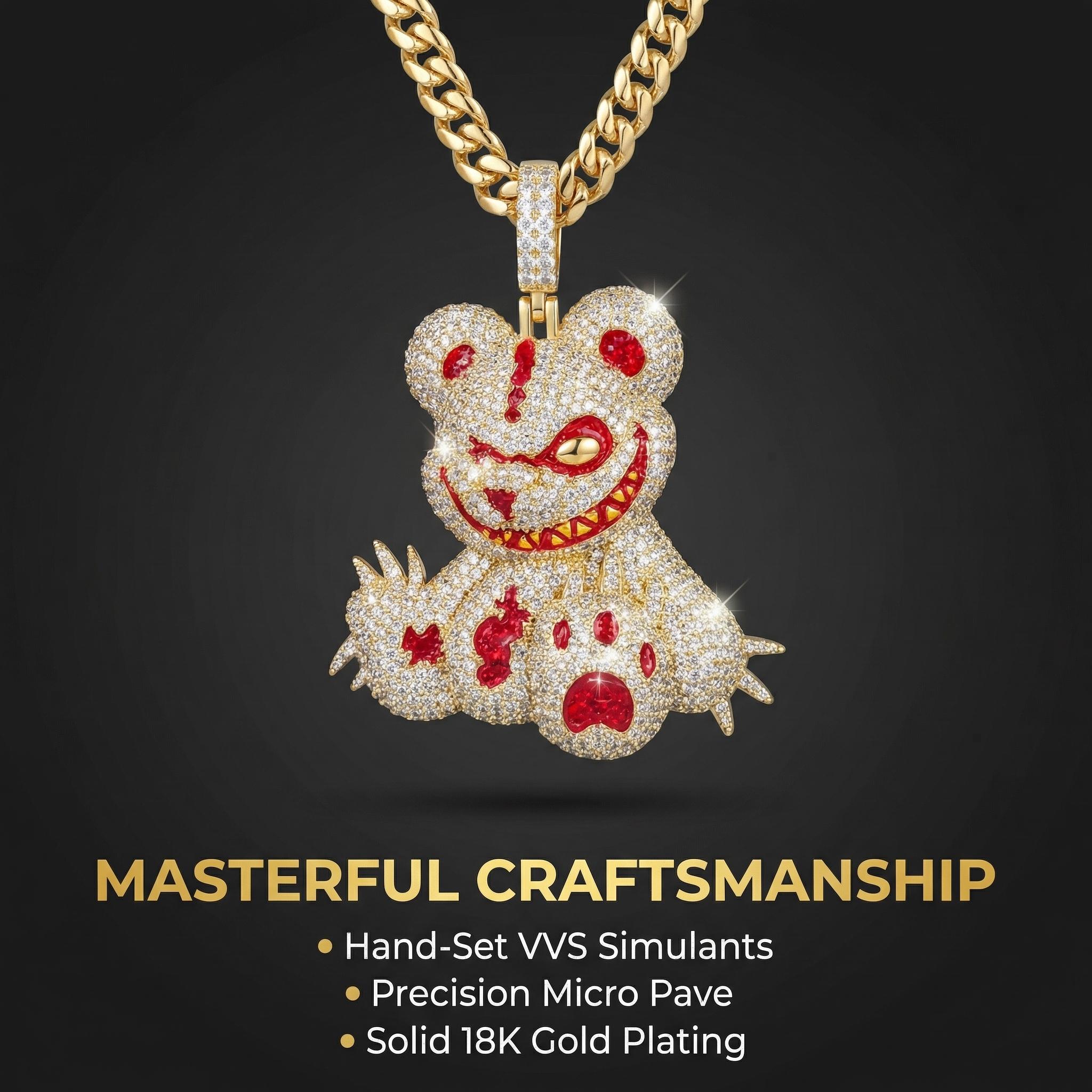 Iced Out Evil Teddy Bear Pendant Necklace, Savage Bloody Bear Mascot CZ Hip Hop Jewelry, Edgy Y2K Street Luxury Drip with Rope Chain