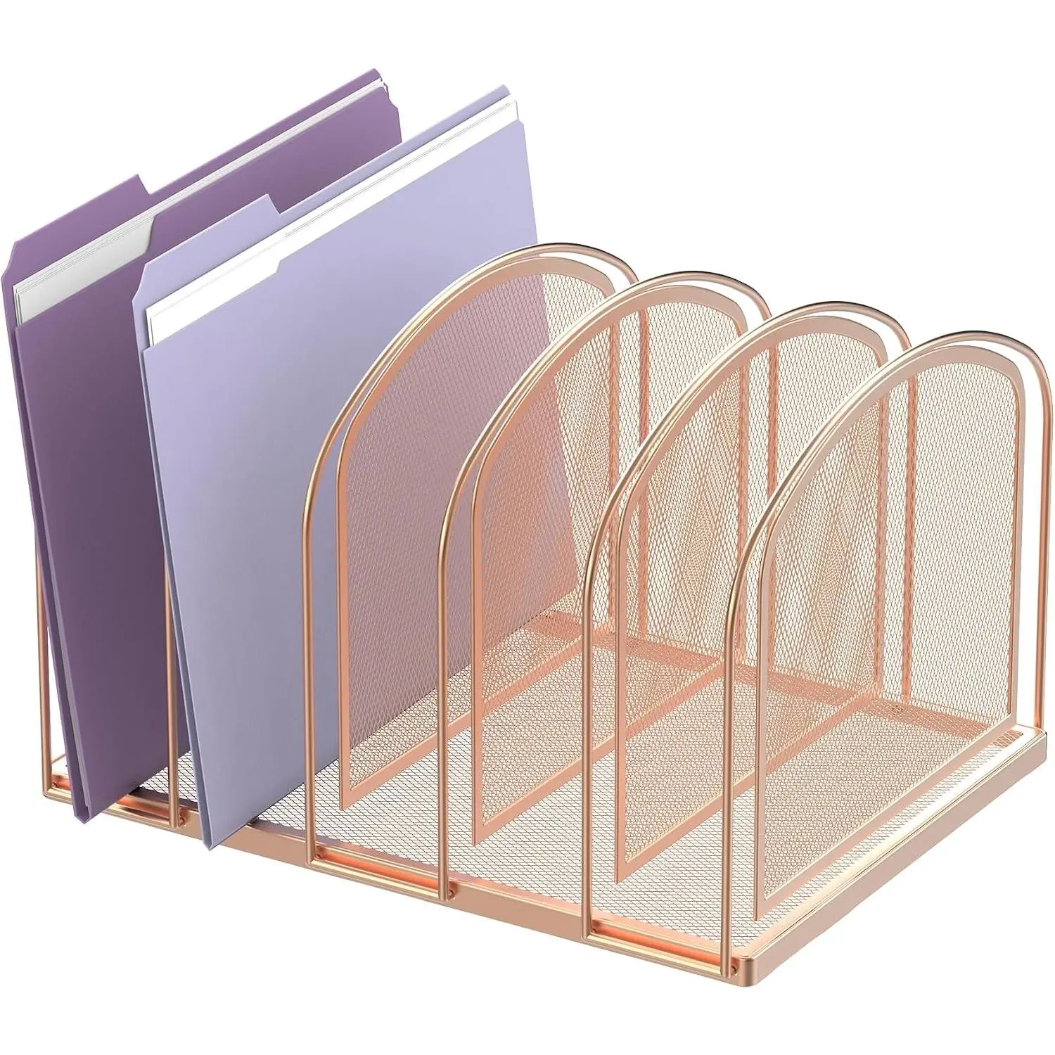 5-Section File Organizer for Desk, Metal File Folder Holder, Rose Gold