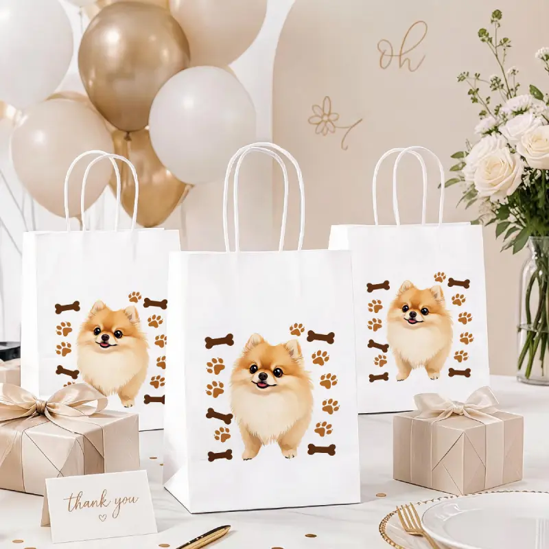 Set of 12 Cute Pet-Themed Gift Bags with Adorable Pomeranian Dog Pattern, Paw Prints and Bones, with Handles, Suitable for Puppy Birthday Parties, Baby Showers, Wedding Favors, and Guest Souvenir Bags, Size 15X8X 21cm