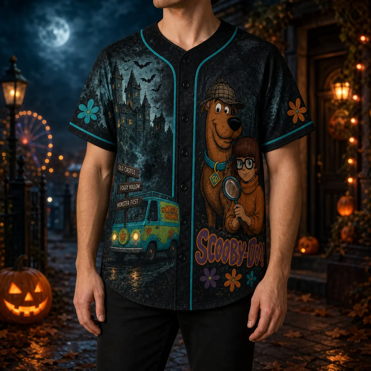 WB - Warner Bros Men's Regular Fit Short Sleeve Apparel Jersey - Graphic Baseball Jersey with Printed Graphics, Classic Horror Movie Characters Design, Spooky Squad Halloween Uniform, Breathable Halloween Party Costume Gift for Mexico, Washington Events
