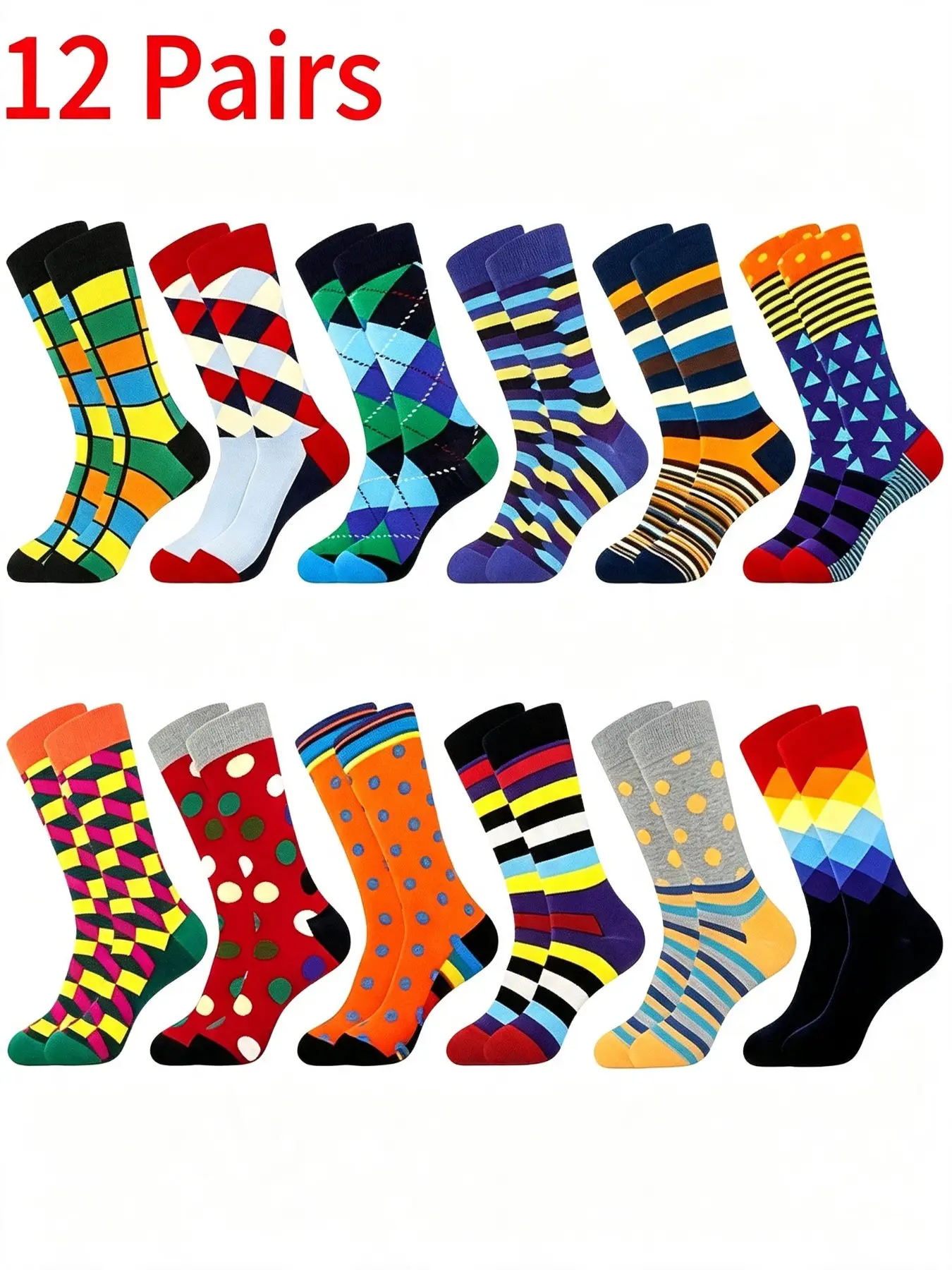 12 Pairs Men's Colorful Geometric Print Mid-Calf Casual Socks, Striped Polka Dot Plaid Rhombus Patterns, Breathable Knit Fabric, Perfect for Daily Wear