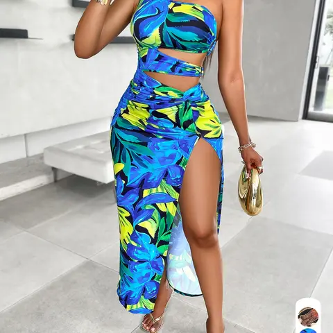 Summer Casual Sexy Women's Full Print Dress, One Shoulder Hollow Out High Waist Split Long Dress, Perfect for Vacation, Beach, Party, Beachy Style
