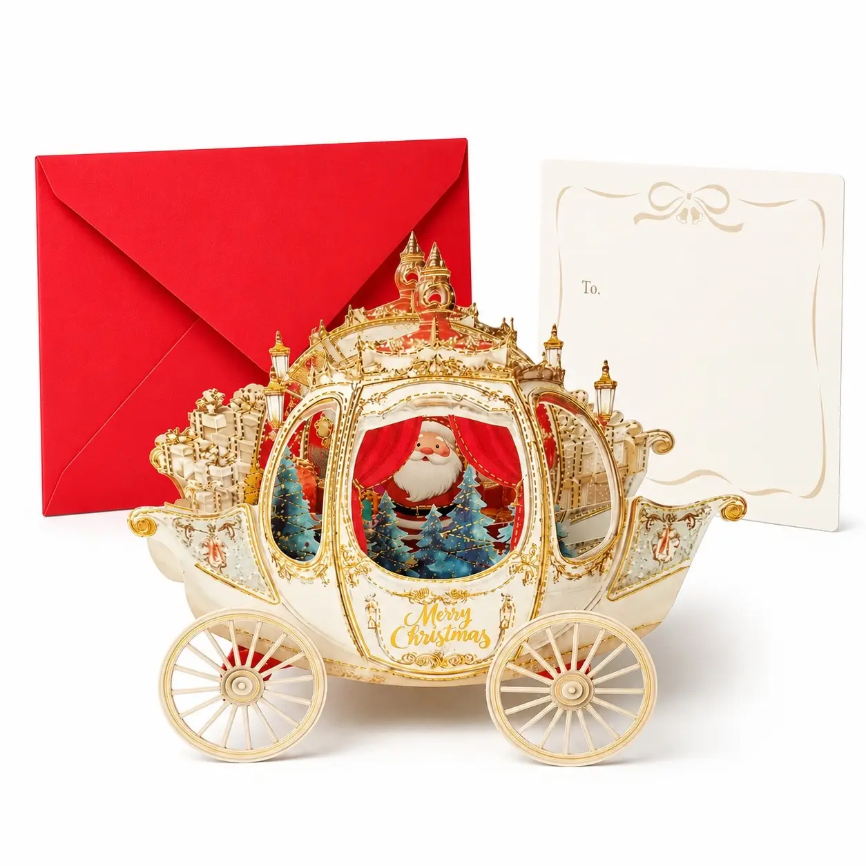 1 Set Elegant Golden Carriage Christmas 3D Pop Up Greeting Card Santa Claus Inside Handmade Folding Christmas Greeting Card Warm Holiday Blessing Ideal Gift for Family Friends