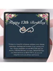 A 13th birthday infinite heartbeat necklace, featuring dual-color copper-gold and fused cubic zirconia, with an elegant Bohemian style. An ideal Christmas gift. It is the December birthstone. It does not require power supply. Comes with a card.