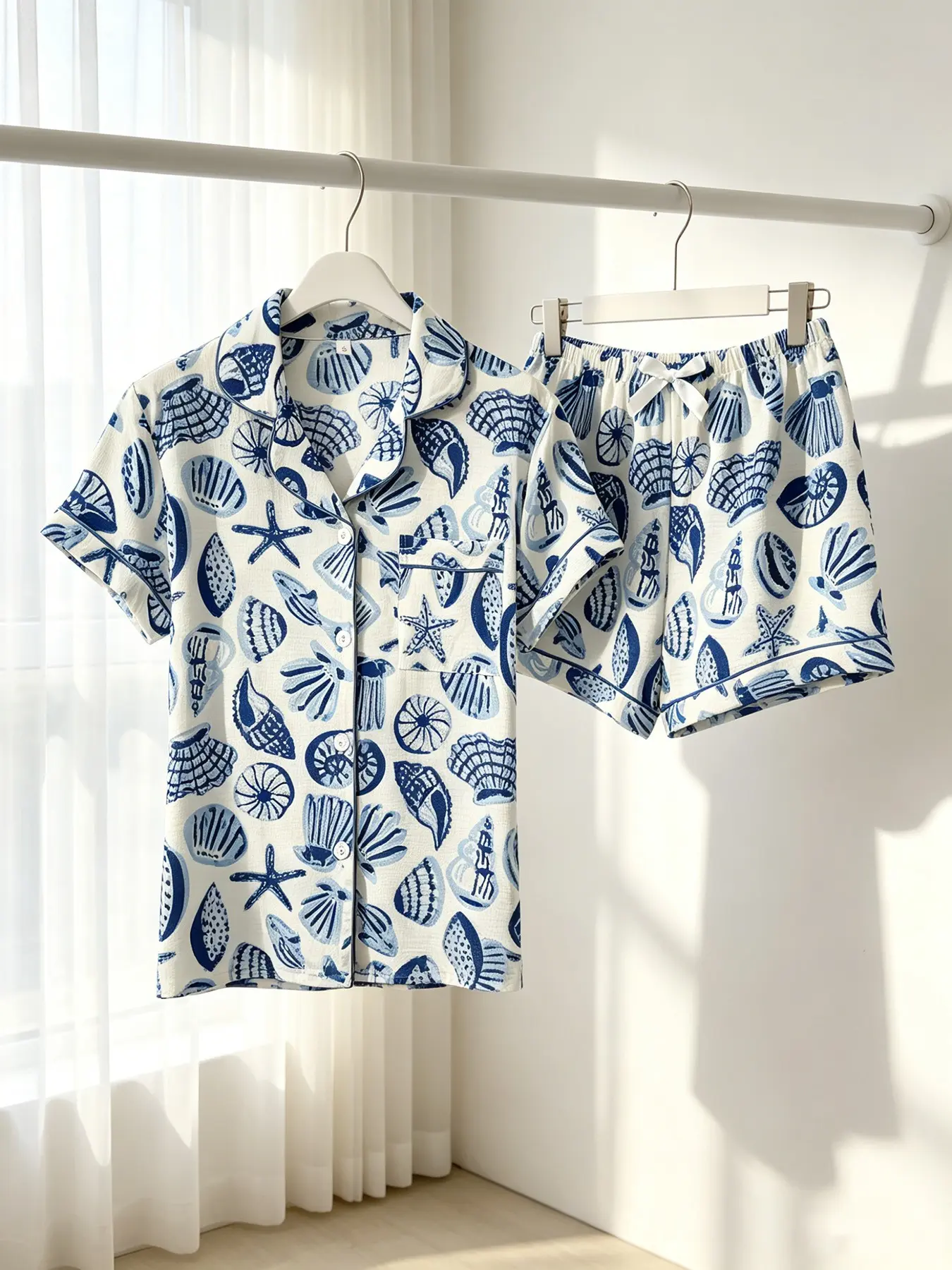 Women's Button-Down Short Sleeve Top & Shorts Pajama Set Pjs, Vacation Style Blue White Seashell All Over Print, Front Button Closure, Spring Summer Wear, Breathable, Versatile Daily Loungewear