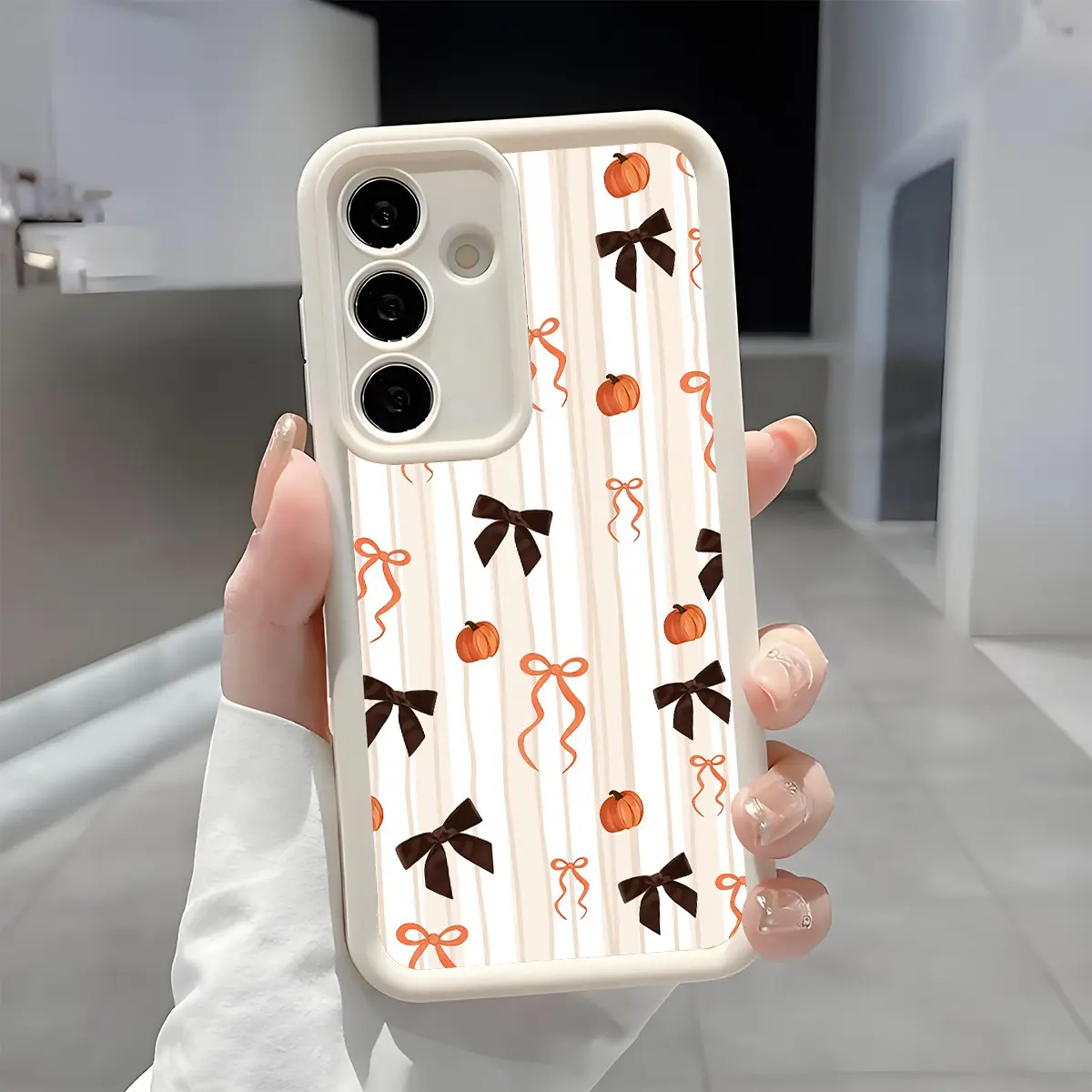 Pumpkin Bow-Stripe Silicone Phone Case with Camera Guard - Warm Watercolor Pastoral Style, Wireless Protective Cover, Fits Various Multi-Model Galaxy Series (S21-S26 Plus/Ultra/FE, A14-A17, A33-A36, A53-A54, Note20 Ultra) Autumn Holiday Gift