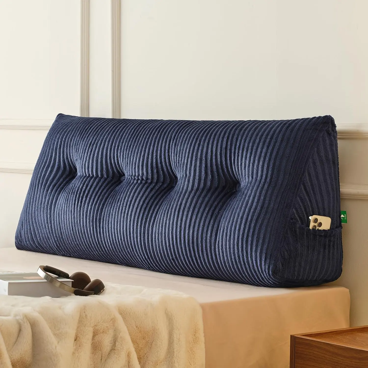 Large Headboard Pillow Full,NO ROLL Pillow, Wedge Pillow Headboard| Blue Triangular Backrest Cushion Equipped,NO Roll Pillow,for Reading,Sitting Up in Bed&Filling Headboard Gaps