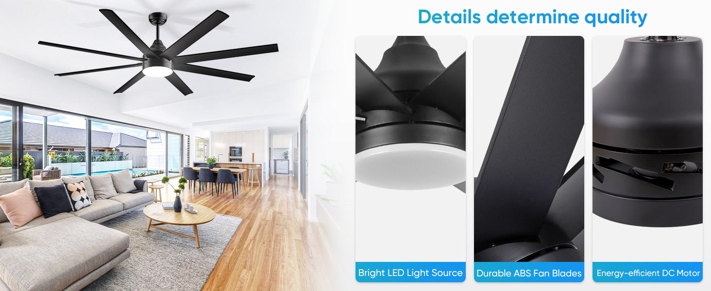 Large Ceiling Fans with Lights and Remote/APP Control, Indoor Outdoor Black Ceiling Fan for Kitchen, Living Room, Patio, 6 Speeds Reversible Quiet DC Motor, 8 Blades