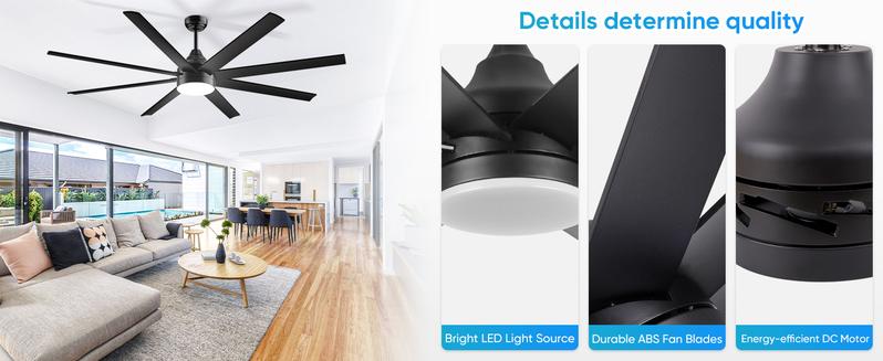 Large Ceiling Fans with Lights and Remote/APP Control, Indoor Outdoor Black Ceiling Fan for Kitchen, Living Room, Patio, 6 Speeds Reversible Quiet DC Motor, 8 Blades