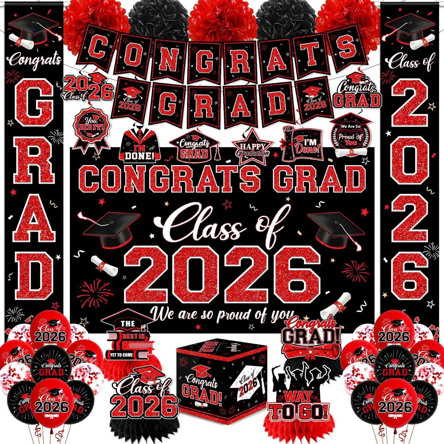 Class of 2026 Graduation Decorations, Red and Black Party Supplies Kit with Glitter Banner, Porch Sign, Balloons & Card Box - Graduation Gift for High School or College Celebrations, Pack, Set, Reusable, Decorative, Print, Burst-Proof, Ceremony, Graduatio