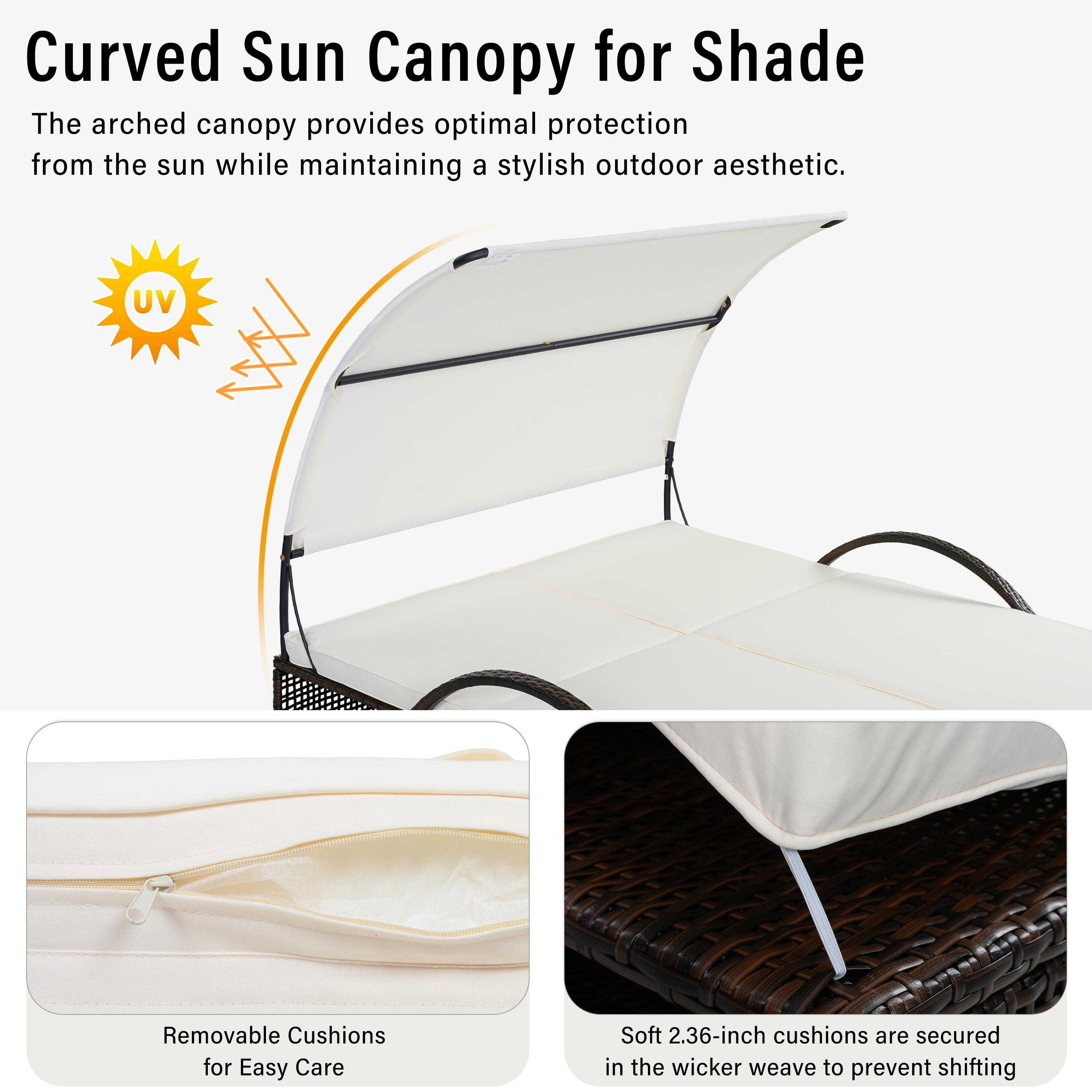 Outdoor Daybed with Curved Canopy, Patio Sunbed Lounger with Adjustable Backrest and Removable Cushion, Outdoor Loveseat Sofa with Hidden Side Table and Arched Armrests for Poolside, Beige