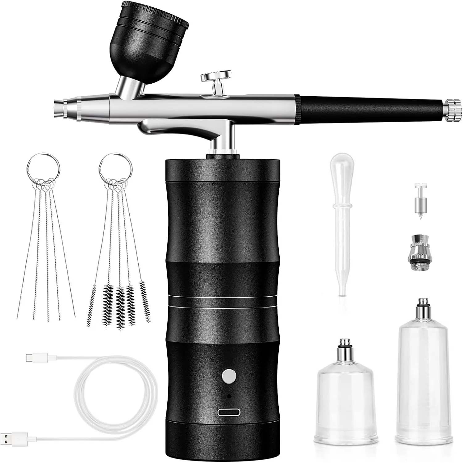 Cordless Rechargeable Airbrush Kit with Compressor, 48 PSI Pressure, 0.3mm Nozzle, Cleaning Brush - Non-Clogging Portable Power Tool for Painting Art, Nails Makeup (Black)