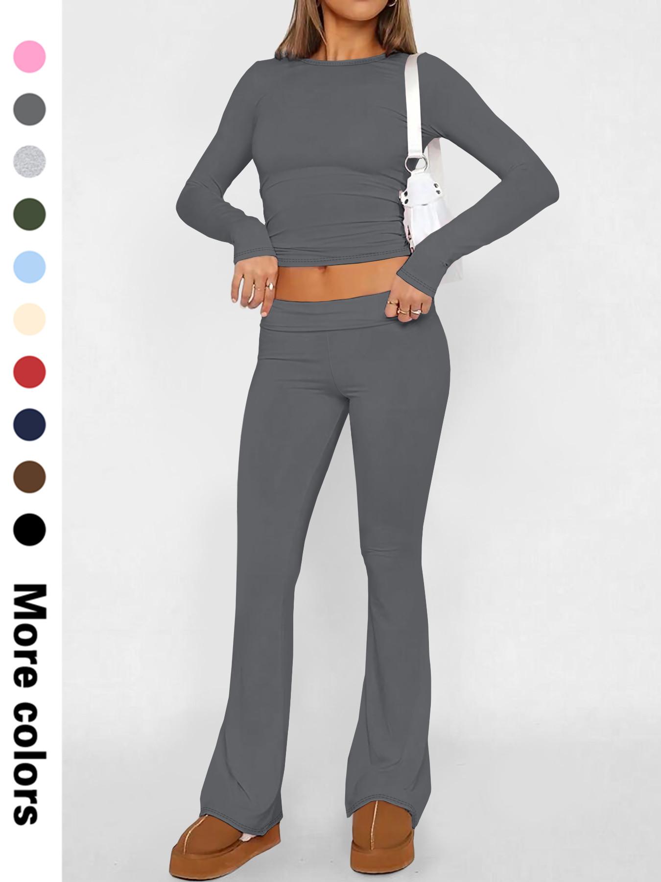 Two-Piece Set Women's Solid Color Long Sleeve Crop Tee & Flare Leg Pants, Casual Fashion Cozy Round Neck Top & Bell Bottom Trousers for Daily Outdoor Wear, Women's Clothing for Fall & Winter
