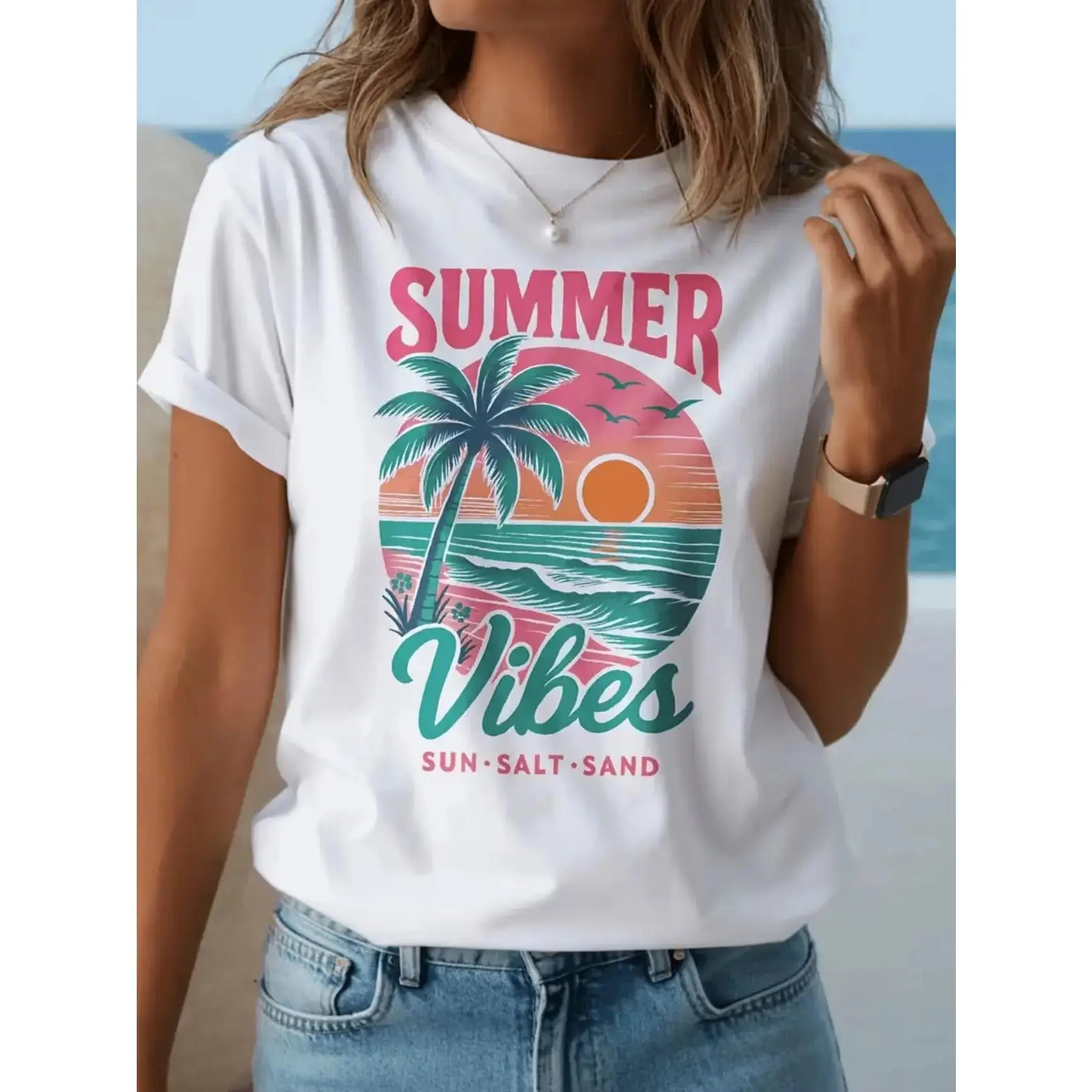 Women's Pastel Pink & Turquoise Palm Tree T-Shirt - Lightweight Breathable Summer Beach Vacation Top, Relaxed Fit Short Sleeve Casual Hawaiian Shirt for Poolside Outfits, Travel Wardrobe Essential - Ideal for - Holiday Outfit Gift, Women's Summer Top
