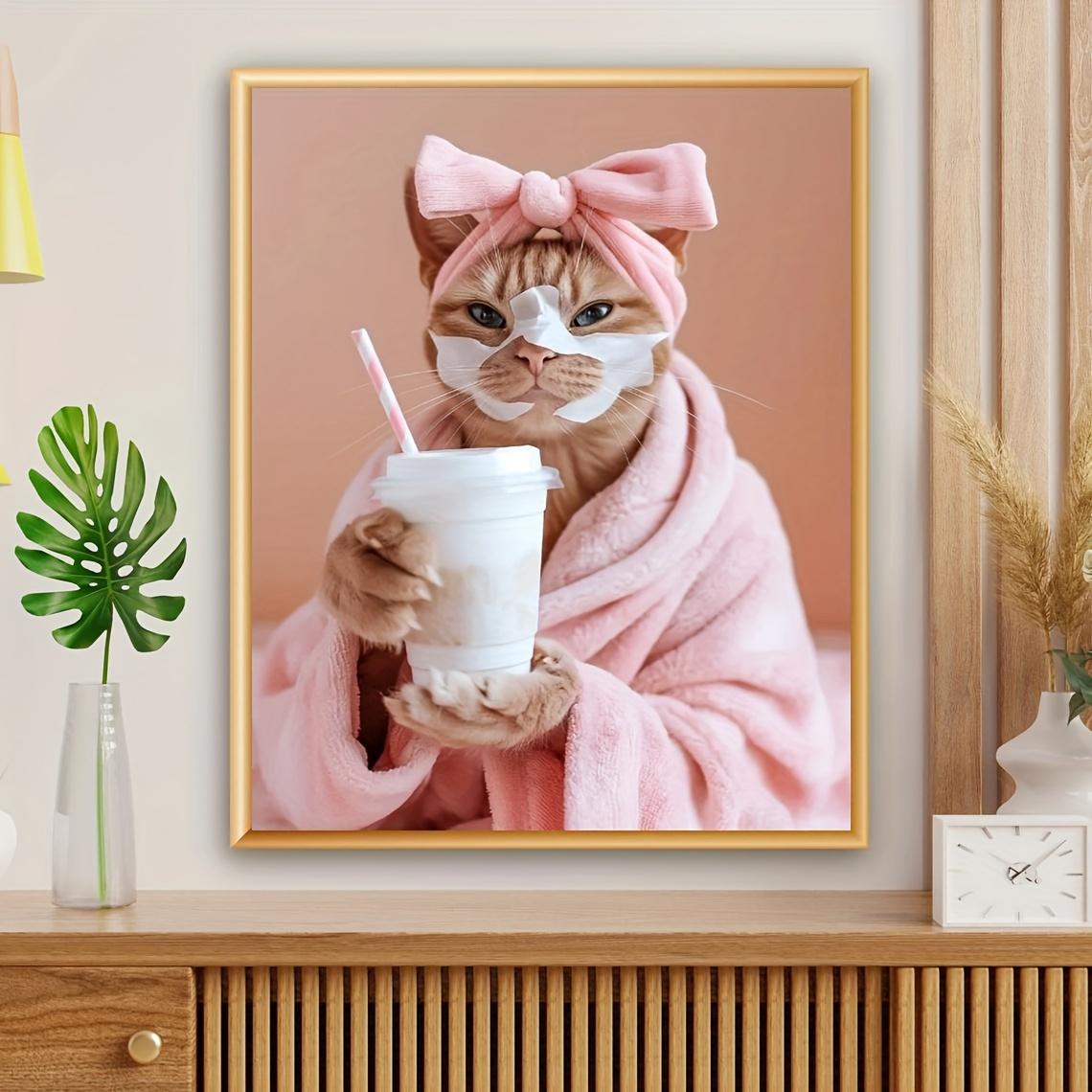 Funny Cat Spa Day Wall Art Set - 1pc Major Material: Other - Playful Cat with Milk Tea Face Mask Canvas Print, Unique Gift for Pet Lovers, Vet Clinic Decor, Humorous Bathroom Artwork, Creative Home Bedroom Kitchen Living Room Cafe Office Toilet Wall Decor