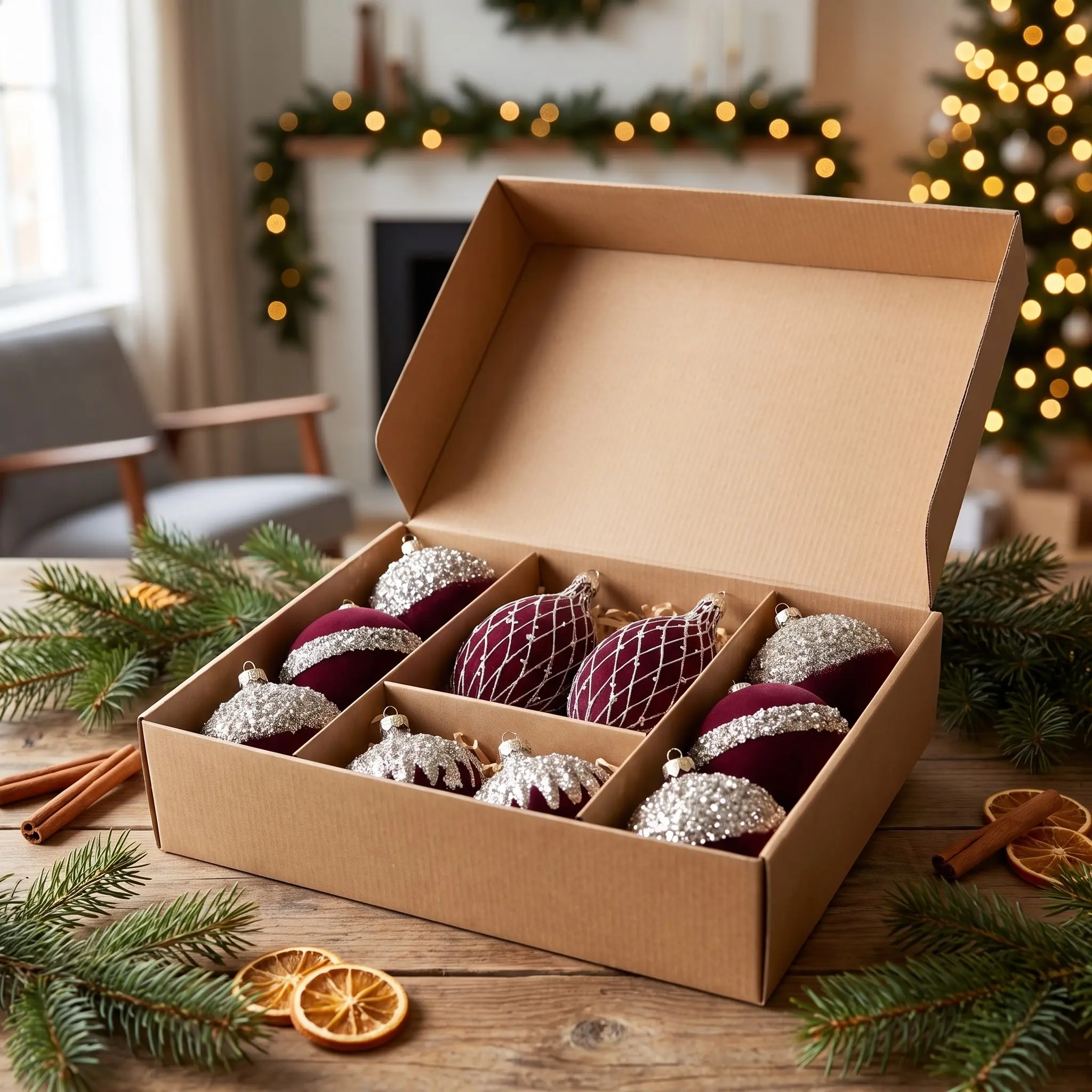 10 Pcs Velvet Rhinestone Christmas Ornaments, Vintage Luxury Style, Round and Olive Shapes, Silver Color Beads Embroidery, Gift Box Packaging