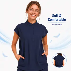 VECARDI Women Scrub Top 4 Way Stretch Zipper Work Blouse Short Sleeve Nursing Top with Two Pockets Navy Fit Clothes