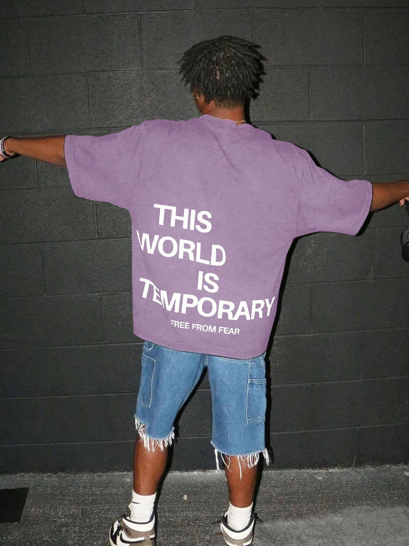 Men's Plain "THIS WORLD IS TEMPORARY" Letter Print Short Sleeve Graphic Tee, Loose Casual Comfy Round Neck T-shirt for Summer, Fashion Men's Top for Daily Wear