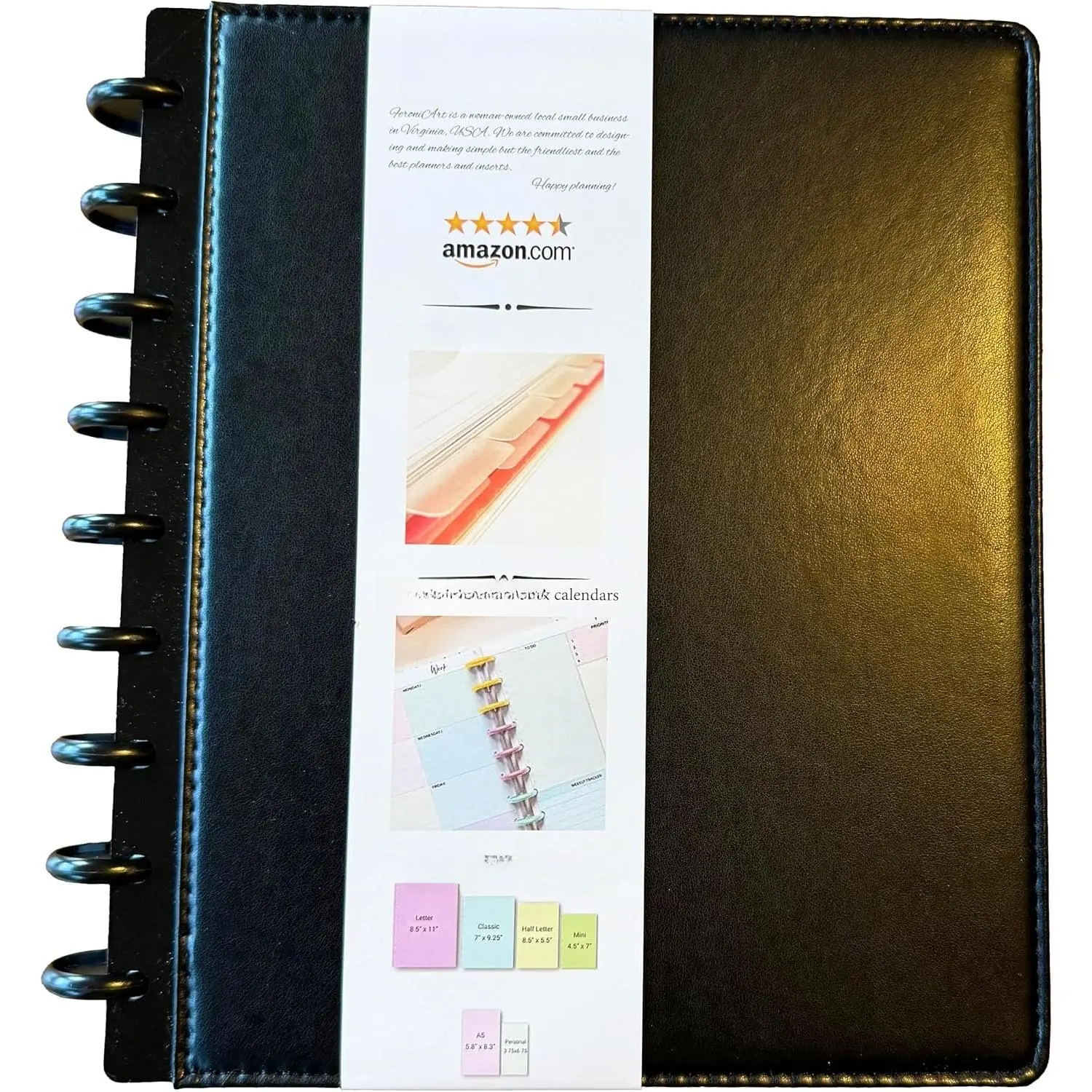 Refillable Discbound Notebook – Foldover Vegan PU Leather Planner, Black Classic Size (7 x 9.25) 75 Narrow Ruled Sheets – By