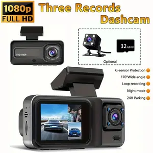 Triple Channel Dash Cam Front 1080P + Inside/rear 480p, Enhanced Night Vision, G-Sensor, Motion Detection, Parking Mode, Loop Recording