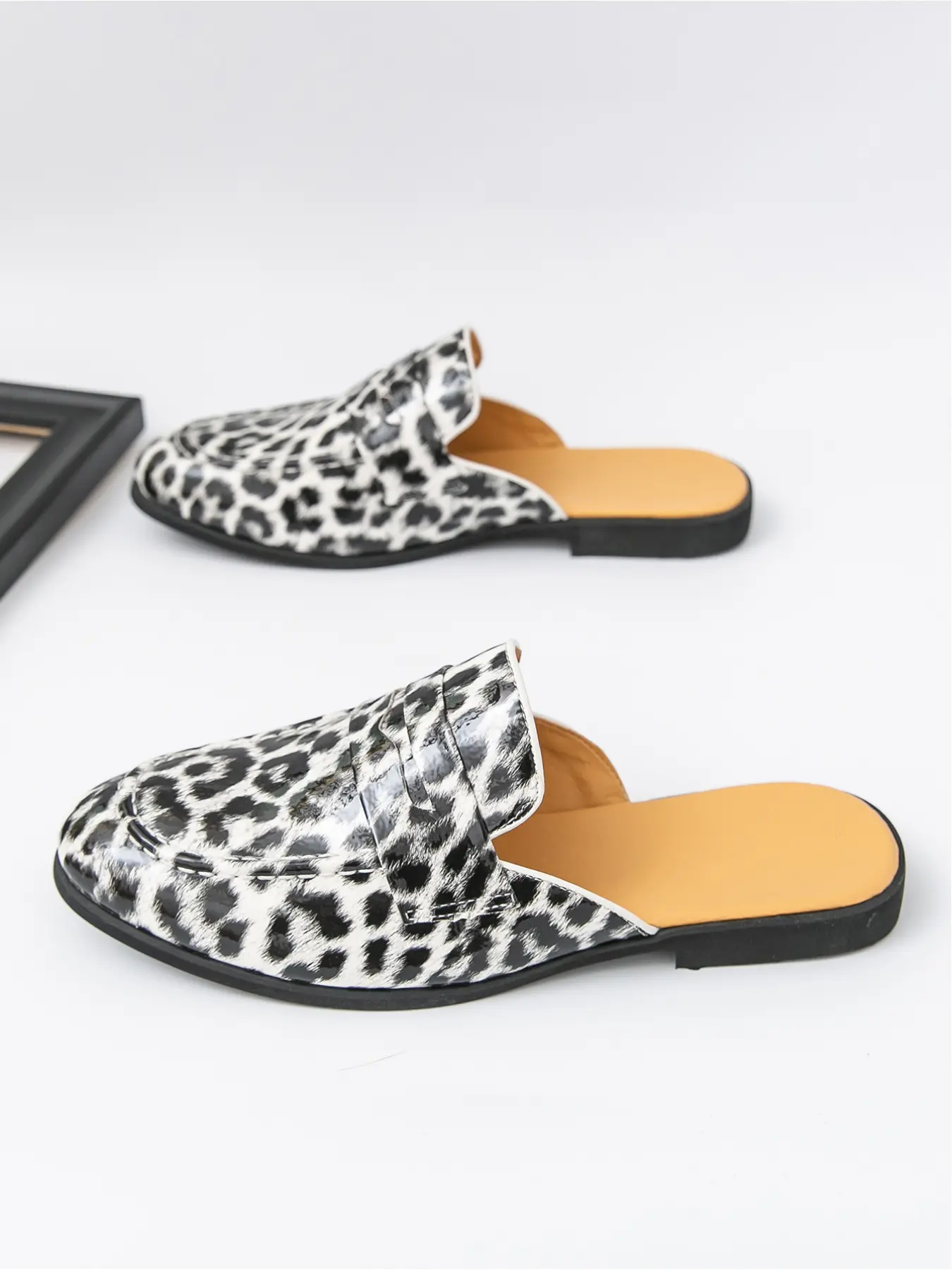 Soft Leather Leopard Loafer Mules, Anti-Slip Flat Indoor Outdoor Slides For Shopping Home Errands