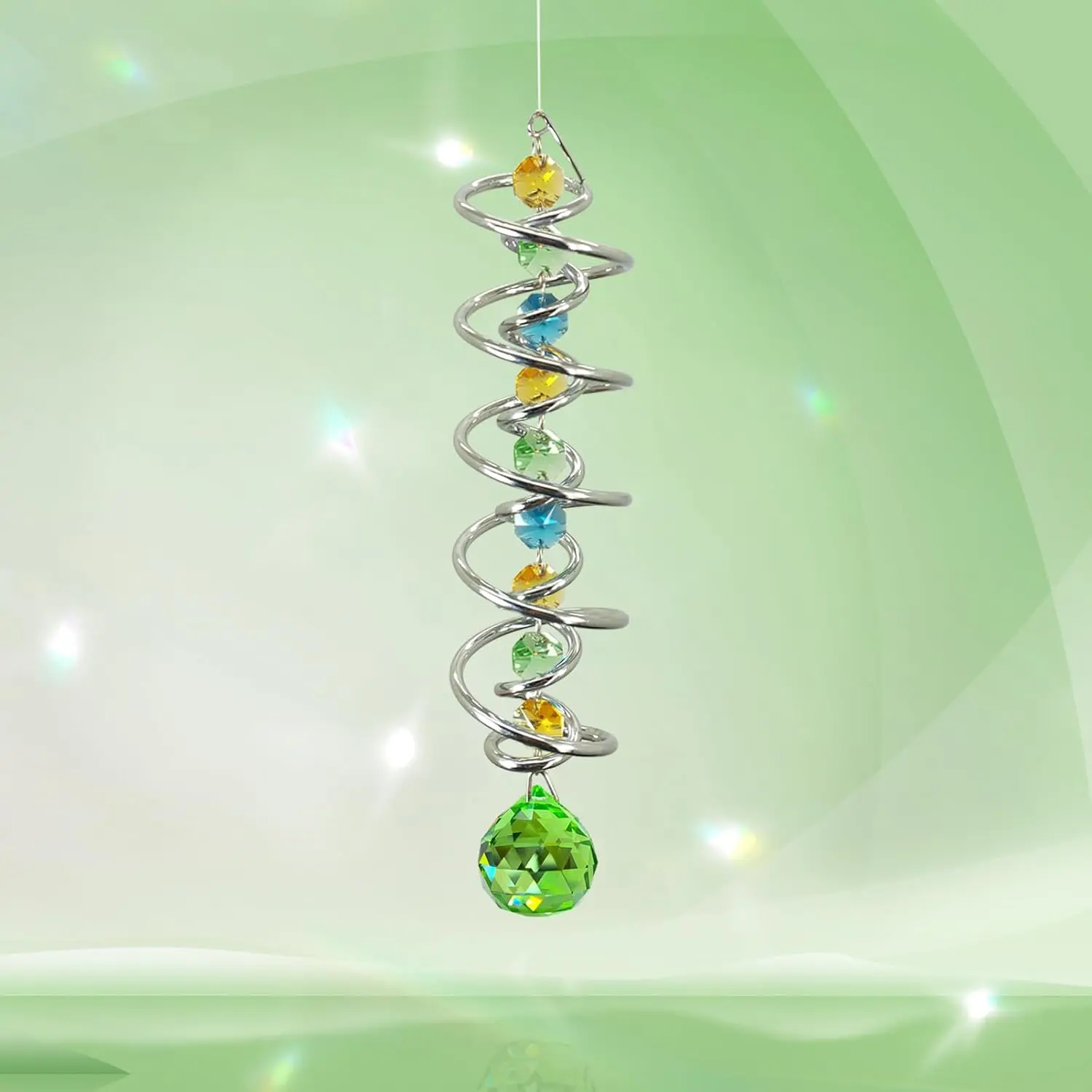 Gazing Ball Spiral Tail -Decorative Wind Spinner Sun Catcher Rainbow Maker Double-Spiral W/Green  Ball and Chain  for Indoor Outdoor Garden Decoration -14 inch Height