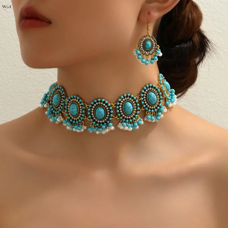 Bohemian Vintage Turquoise Choker Necklace & Drop Earrings Jewelry Set Antique Gold Oval Crack Stone Tassel Bead Fringe Ethnic Tribal Wedding Party Women Statement Jewelry Gift