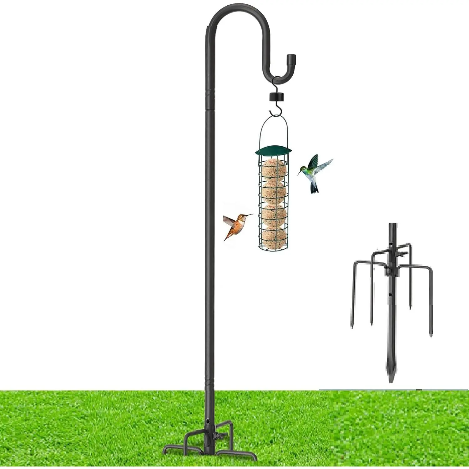 Heavy Duty Shepherd Hooks for Outdoor Decor, 62 Inch Tall Garden Hooks for Hanging Plants, Lanterns, Bird Feeders – Rust-Resistant Steel, Sturdy 5 Prongs Base – Black