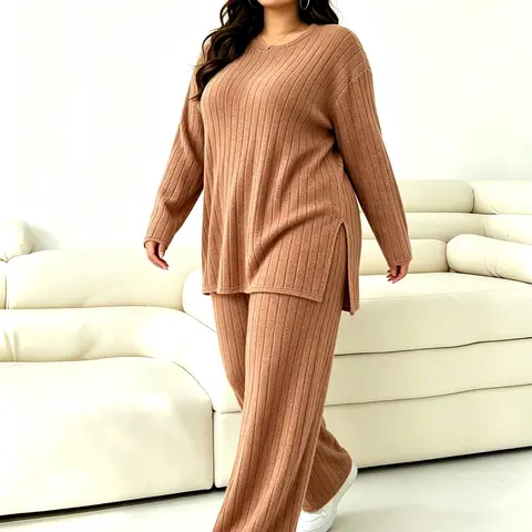 Women's Plus Size Ribbed Knit Two-Piece Set, Oversized Split Top and Wide Leg Pants, Comfortable Casual Home Wear, Fashionable Abdominal Coverage, Comfy Loungewear Set