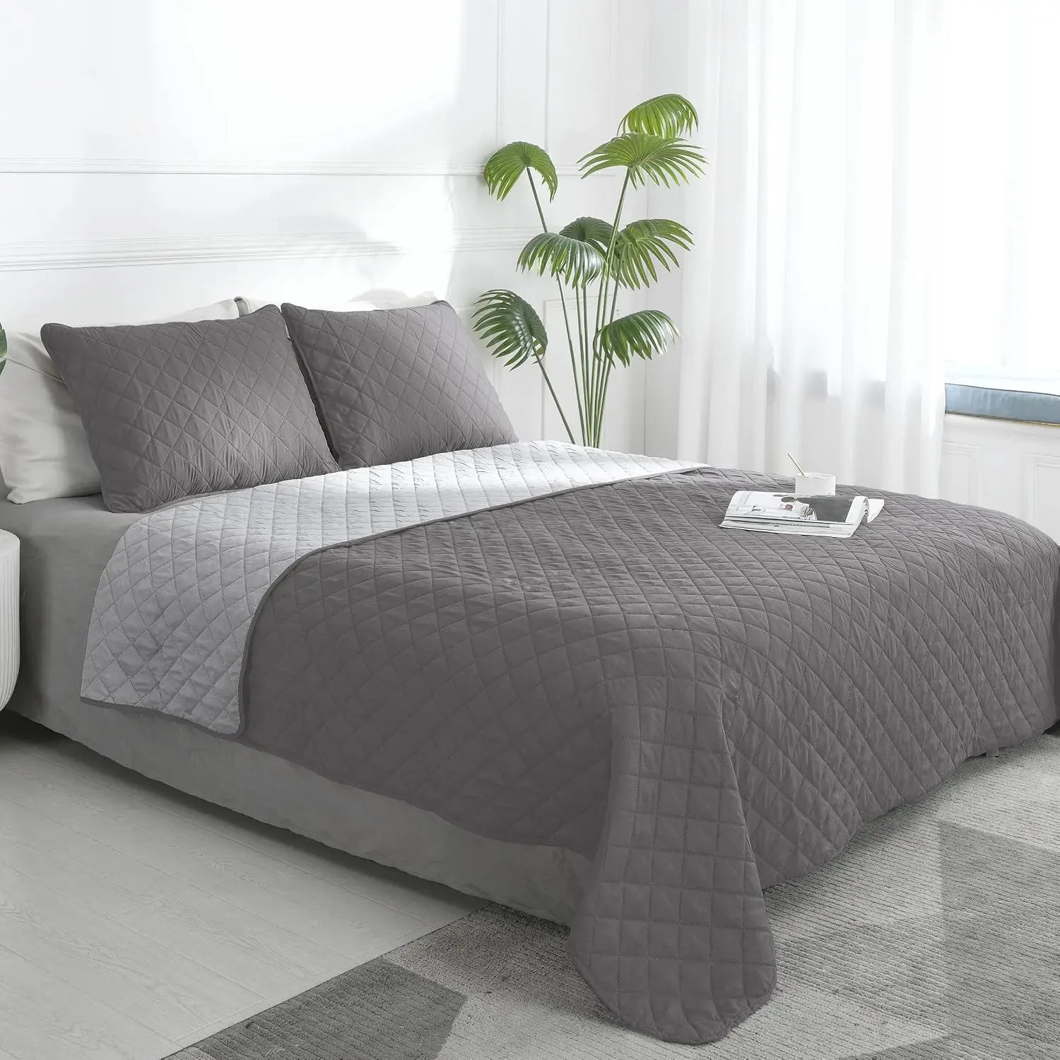 Reversible Set Full/Queen, Bedspread with 2 Shams |   Gray/Light Gray, Lightweight Microfiber Bed Comforter, 1 + 2 Pillow Shams, All-Season Coverlets for Bedroom